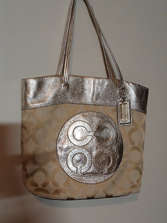 Coach Handbags - Coach Metallic Gold and Beige Signature Tote